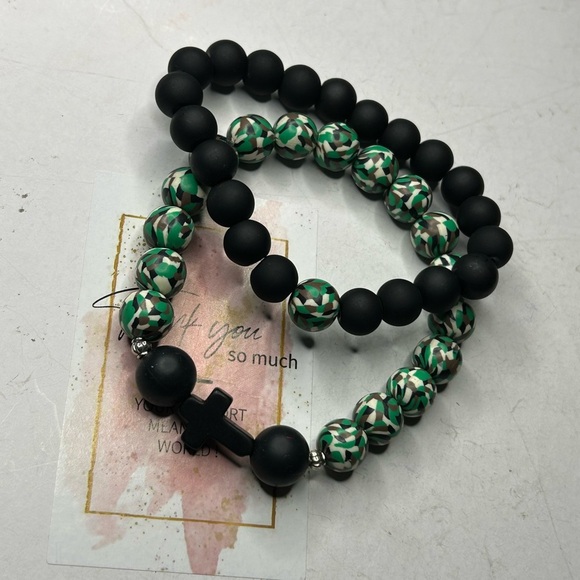 Black Matte & Green Mosaic Bead Bracelet Set - Picture 3 of 3